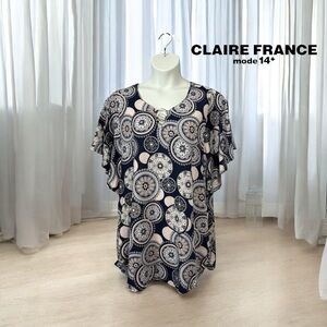 Claire France, Navy, Pink & White Plus Size Patterned Blouse, 1X